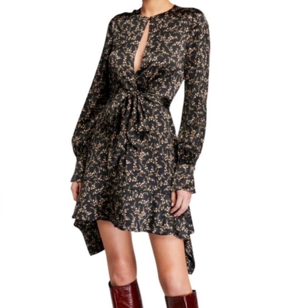 Jonathan Simkhai Hammered Silk Keyhole Tie-Front Asymmetrical Floral Dress Sz 1
